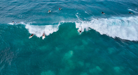 Aerial view of surfers waiting for the wave. Sri Lanka, Midigamaの写真素材
