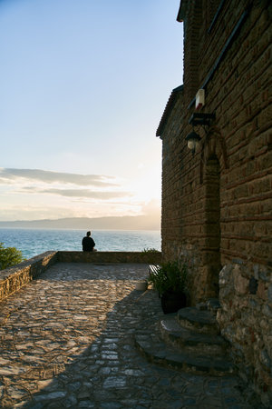 Church of St. John the Theologian at Kaneo, panoramic view at sunset, Ohrid, North Macedoniaの写真素材