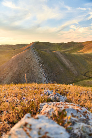 View of the Long Mountains Ridge. The beginning of the Ural mountains. Orenburg region.