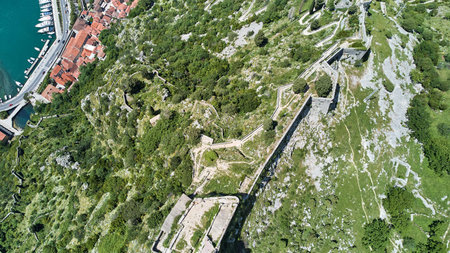 Aerial view of the Fortress of St. John and the serpentine road in Kotor