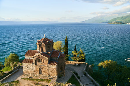 Church of St. John the Theologian at Kaneo, panoramic view at sunset, Ohrid, North Macedonia
