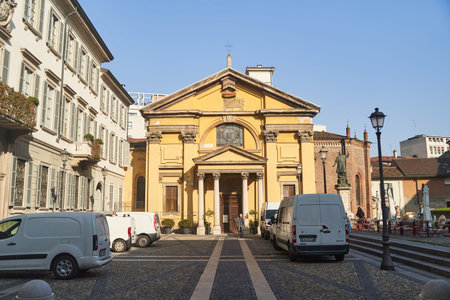 Milan, Italy - February 15, 2023: A Historic Church Positioned in an Urban Setting Showcasing...
