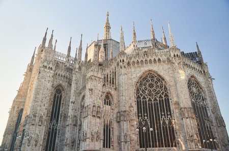 Milan, Italy - February 15, 2023: Milan Cathedral in Piazza Duomo during the day, Milan. Cathedral...