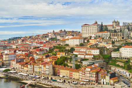 Porto, Portugal - 12.25.2022: Aerial view of the old ribeira area in Porto