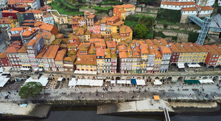Aerial view of the old city of Porto. Portugal old town ribeira aerial promenade view with colorful houses.の写真素材