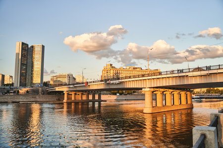 Moscow, Russia - 30.07.2022: Novoarbatsky Bridge over the Moskva River in sunlightの写真素材