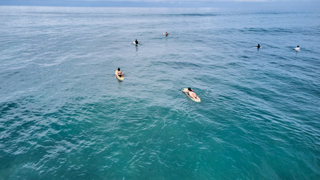 Aerial view of surfers waiting for the wave. Sri Lanka, Midigamaの写真素材
