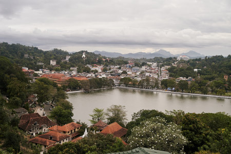 Aerial panoramic view of Kandy Lake and Kandy city, Sri Lankaの写真素材