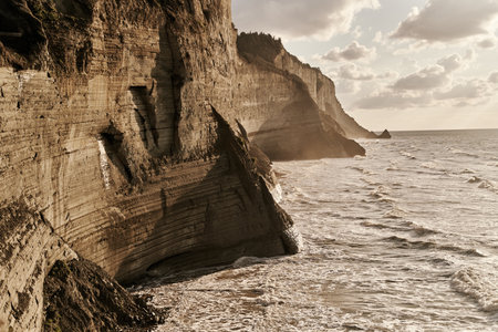 View of Logas Beach and the amazing rocky cliff in Peroulades. Corfu island. Greeceの写真素材
