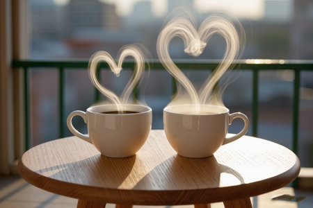 Two cups of hot coffee with heart shaped steam on a wooden table, romantic morning concept, love and relationship, cozy atmosphere, blurred city background, product photoの素材