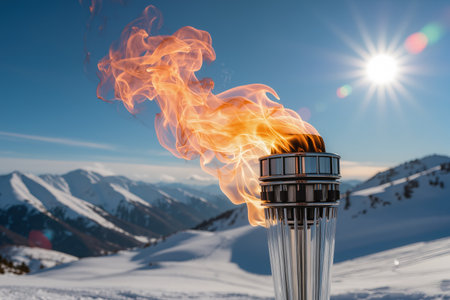 The Olympic Flame burns brightly on a snowy mountain peak, basking in the warm sunlightの素材