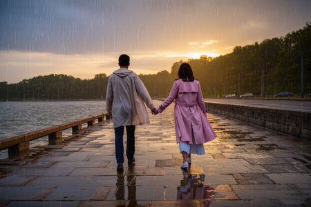 A couple enjoys a leisurely walk in the rain during a beautiful sunset on a romantic eveningの素材
