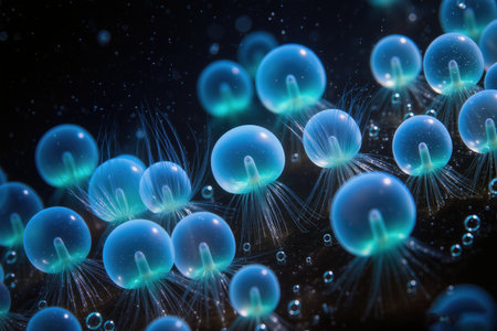 Ethereal luminous jellies move through mysterious underwater realm freelyの素材