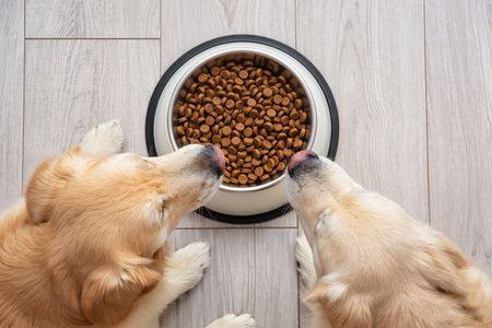Two friendly goldcolored dogs enjoy breakfast in cozy kitchen environmentの素材