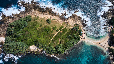 Aerial view of blue beach island. Drone view of the beaches of Sri Lanka
