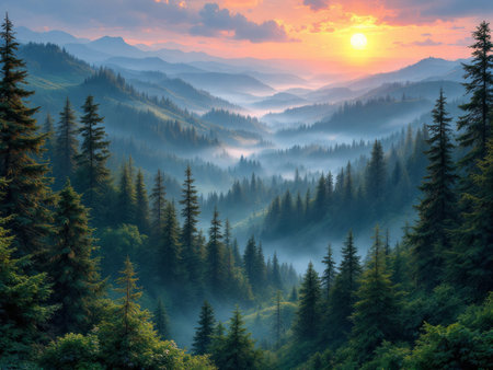 Enchanted Forest: A Golden Sunrise Over Misty Valleysの素材