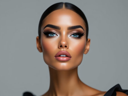 Ethereal Gaze: High-Fashion Portrait of a Top Model with Piercing Sky-Blue Eyes, Flawless Cat-Eye Makeup, and Sun-Kissed Radiance â A Bold, Editorial Masterpiece for Luxury Brandingの素材