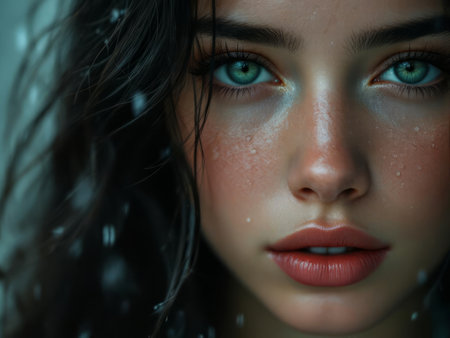 Whispering Rain: Ultra-HD Vertical Portrait of a Young Womanâs Poignant Vulnerability, Where Soft Raindrops and Shimmering Tears Blend Seamlessly with Deep Forest Green Eyes â A Hyper-Realistic, Emotionally Charged Masterpiece for Evocative Storytelling and Premium Visual Campaignsの素材