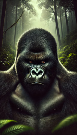 Angry and Furious Gorilla in the Dense Jungle â Dramatic Wildlife Portrait with Intense Expression and Cinematic Lightingの素材