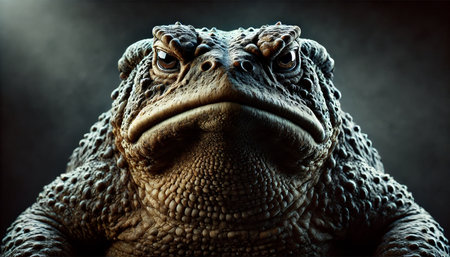 Massive Angry Toad Portrait with Dramatic Lighting and Fierce Expression â High-Quality 16:9 Stock Image in a Dark and Intense Settingの素材