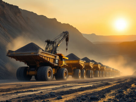 Industrial Might: Open-Pit Mining in Action Under the Golden Sunの素材