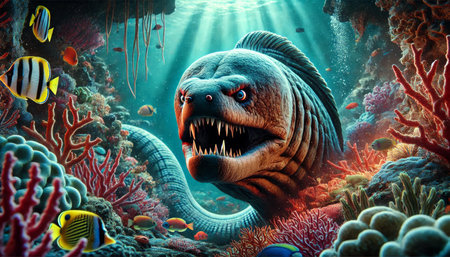 Angry Moray Eel Emerging from Underwater Rocks Surrounded by Corals and Colorful Fish â High-Quality 16:9 Stock Image with Dramatic Lightingの素材
