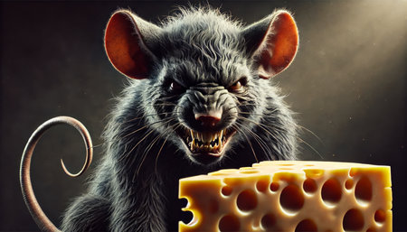 Massive Angry Mouse Portrait with Fierce Expression and a Large Cheese in the Background â High-Quality 16:9 Stock Image with Dramatic Lightingの素材