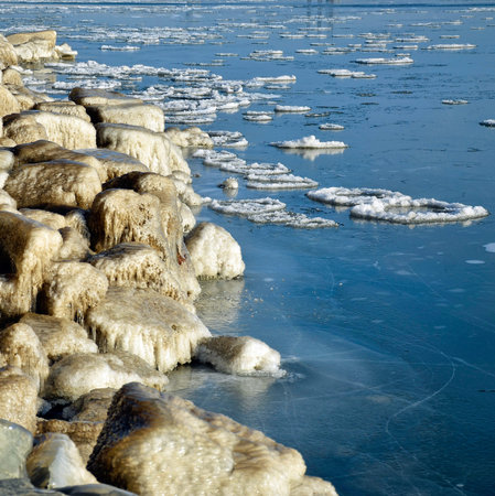 The frost on the rocks and ice in early winter