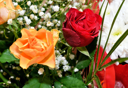 Red orange wedding bouquet closeupの写真素材