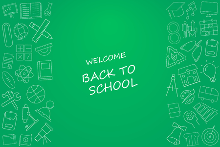 Welcome back to school banner with line icon on blackboard. Design template for banner, poster. Vector illustrationのイラスト素材