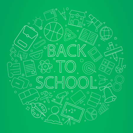 Welcome back to school banner with line icon on blackboard. Design template for banner, poster. Vector illustrationのイラスト素材