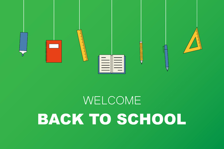 School banner with color stationery icon and word "Welcome back to school". Vector illustrationのイラスト素材