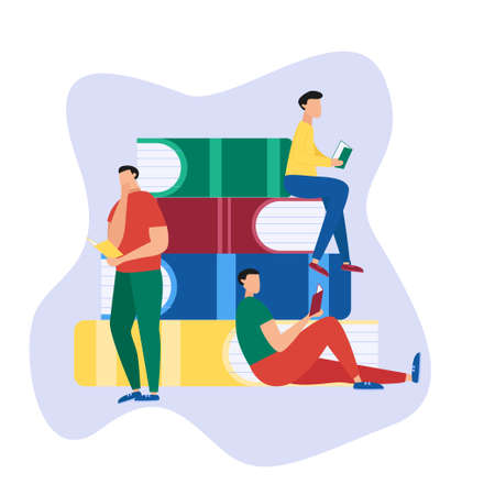 Education flat background with big books and people. People read book. Vector illustration.のイラスト素材