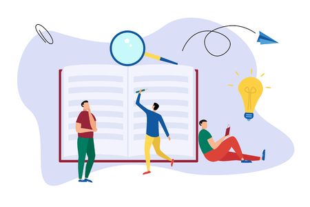 Education flat background with big books and people. People read and write book. Vector illustration.のイラスト素材
