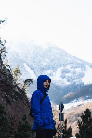 Girl on a mountain background.の写真素材