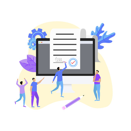 Online electronic smart contract document on desktop, paper document, signature on computer screen. vector illustration. Business conceptのイラスト素材