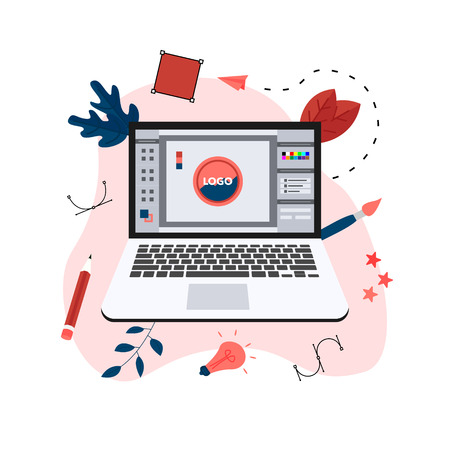 Flat vector graphic design concept with computer designer with an open design application with a creative project.のイラスト素材