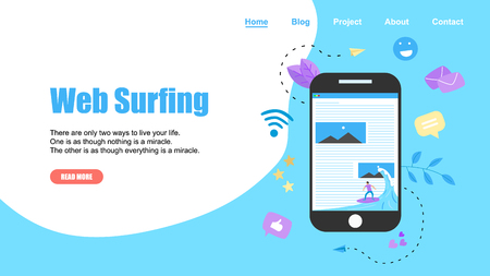 Webpage Template. Surfer surfing a wave web page vector illustration. Web page surfing concept.のイラスト素材