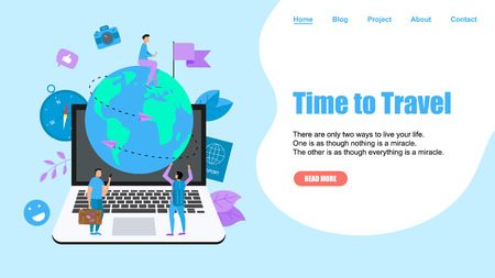 Webpage Template. Concept of Time to Travel. Planet Earth for travel flat design concept with two airplanes.のイラスト素材