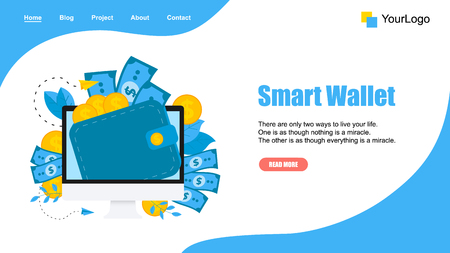 Webpage Template. Smart wallet with dollar banknotes and coins. Finance bank concepts.のイラスト素材