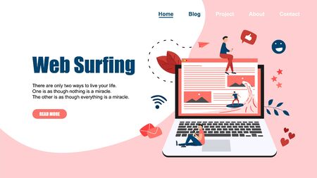 Webpage Template. Surfer surfing a wave web page vector illustration. Web page surfing concept.のイラスト素材