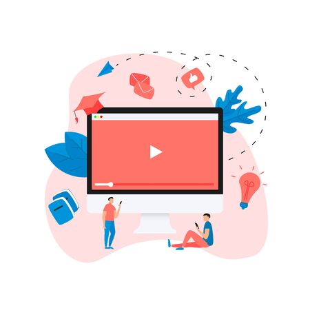 Webinar, internet conference, web based seminar, online education, e-learning flat design concept.のイラスト素材