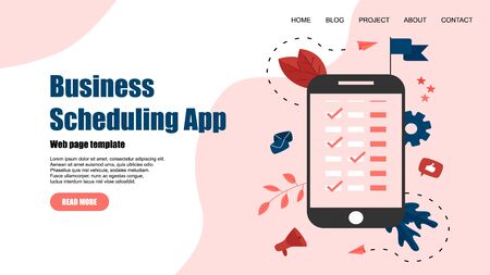 Webpage Template. Flat design business scheduling app on laptop computer with events, reminders and planning.のイラスト素材