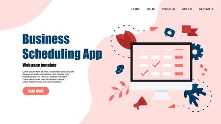Webpage Template. Flat design business scheduling app on laptop computer with events, reminders and planning.のイラスト素材