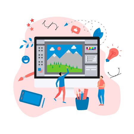 Flat vector graphic drawing concept with open illustration application with a creative project.のイラスト素材