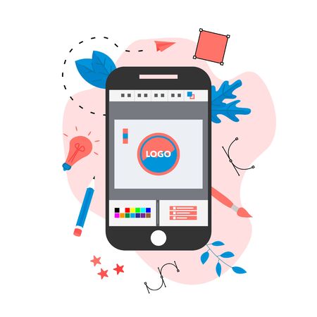 Flat vector graphic design concept with computer designer with an open design application with a creative project.のイラスト素材