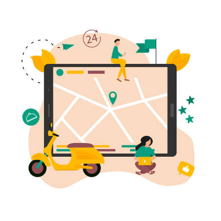 Fast delivery by scooter and device with map geo location. Quarantine safe online delivery concept. Vector illustrationのイラスト素材