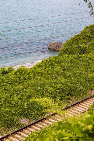 Railway tracks in the countryside near Black Sea, Georgiaの写真素材