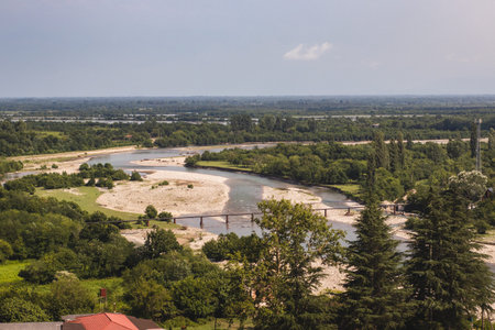 Aerial view of the old bridge over the river from Nokalakevi fort in Georgia.