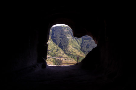 View of the valley from the heart-shaped cave town of Vardzia, Georgia.
